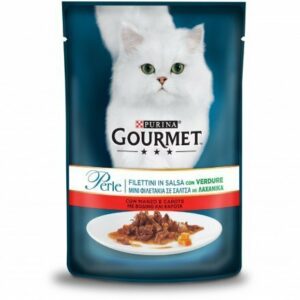 GOURMET Perle Gatto Filettini in Salsa con Verdure, con Manzo e Carote  - 85 gr