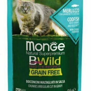 Monge Bwild - Grain Free – Bocconcini maltagliati in salsa – Merluzzo con Gamberetti e Ortaggi – Adult 85 gr