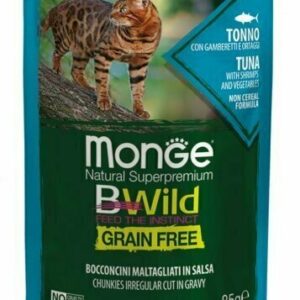 Monge Bwild - Grain Free – Bocconcini maltagliati in salsa – Tonno con Gamberetti e Ortaggi – Sterilised 85 gr