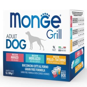 Monge - Linea Grill Multipack Buste – Pollo e Tacchino, Manzo, Merluzzo - 12 X 100 gr