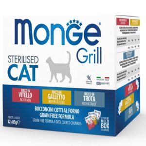 Monge - Grill Adult STERILISED Cat Multipack - Galletto, Trota e Vitello -  12 x 85 g