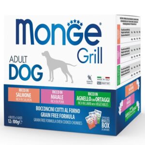 Monge - Linea Grill Multipack Buste – Agnello con Ortaggi, Maiale, Salmone - 12 X 100 gr