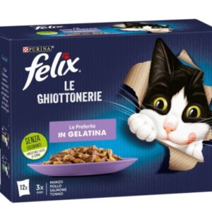 Purina Felix  Le Ghiottonerie Le Preferite in gelatina - Manzo, Pollo, Salmone e Tonno - Confezione Multipack 12 pz
