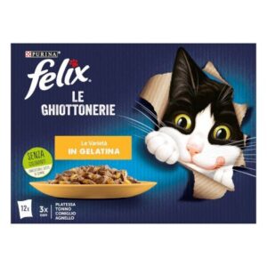Purina Felix  Le Ghiottonerie Le Varietà in Gelatina -Platessa, Tonno, Coniglio e Agnello - Confezione Multipack 12 pz