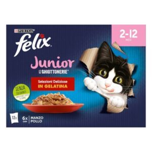 Purina Felix Le Ghiottonerie Junior Selezioni Deliziose in gelatina - Manzo e Pollo - Confezione Multipack 12 pz