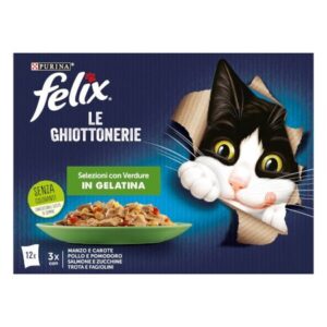 Purina Felix Le Ghiottonerie Selezione di Verdure in gelatina - Manzo e Carote, Pollo e Pomodoro, Salmone e Zucchine, Trota e Fagiolini - Confezione Multipack 12 pz