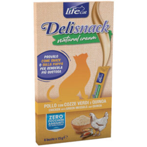 Life Cat Deli Snack Natural Cream al Pollo con Cozze Verdi e Quinoa - 6X15 gr